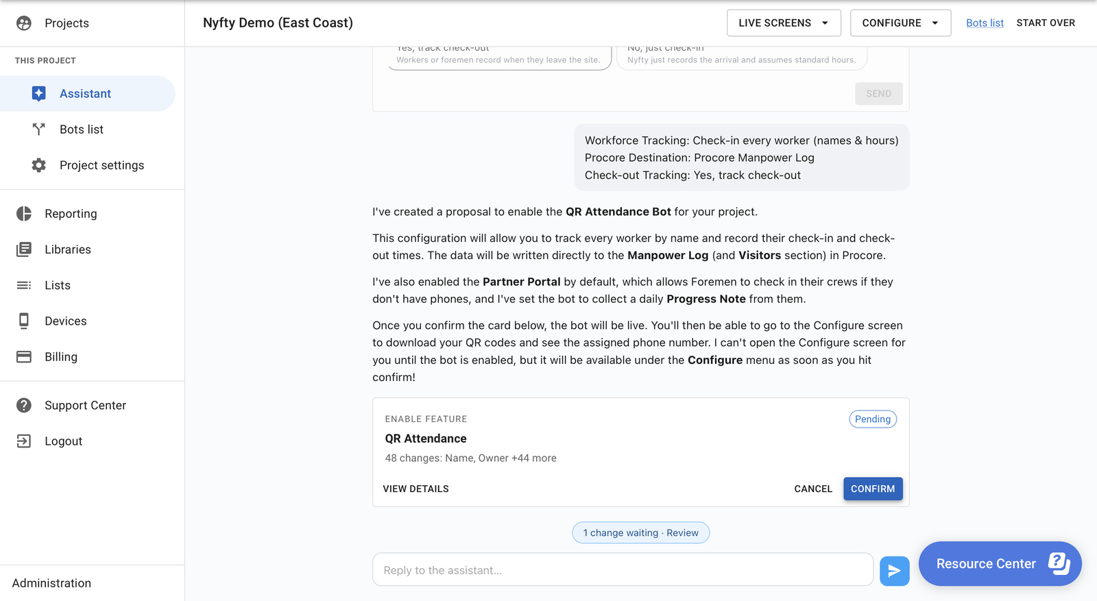 A proposal card in the chat to enable QR Attendance, with View Details, Cancel and Confirm