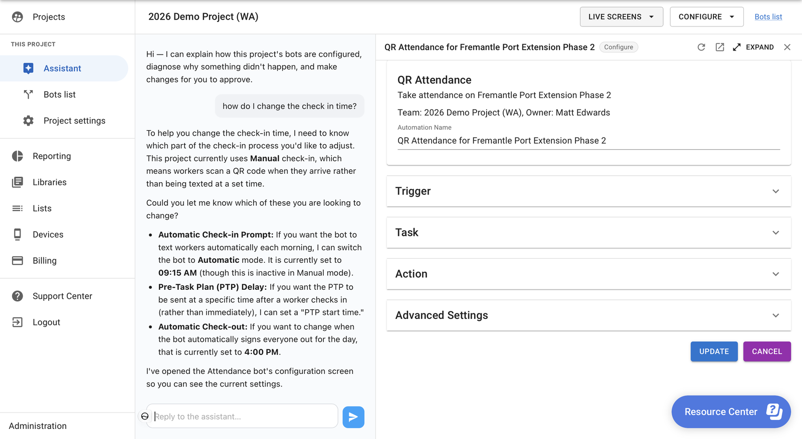 The assistant answering a question about changing the check-in time, with the Attendance bot's configuration open beside the chat