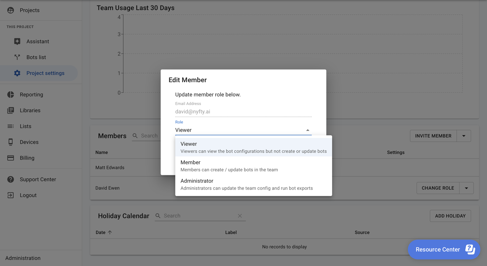 The Edit Member dialog in Project settings with the Viewer, Member and Administrator roles